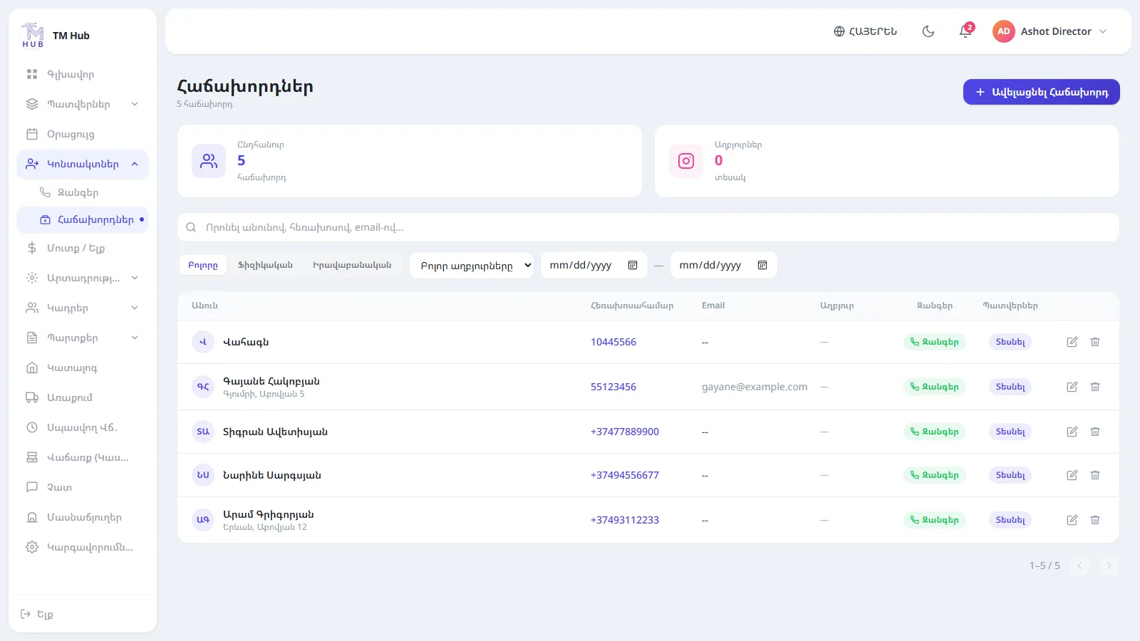 Հաճախորդների ցանկ TM Hub-ում